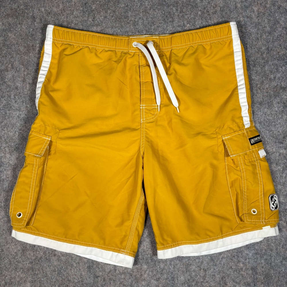 Counter Culture Board Shorts Mens L Yellow Cargo Swim Trunks Mesh VTG NO ELASTIC